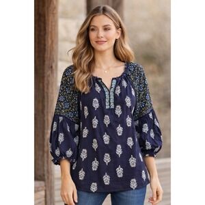 Sundance Boho Embroidered Peasant Blouse Navy Floral Mixed Print Tunic L